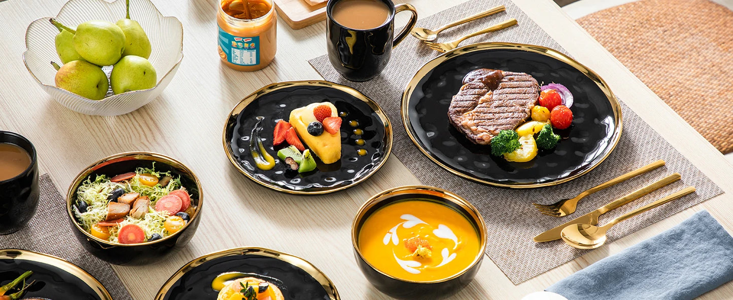 MALACASA Porcelain Dinnerware Set With Gold Trim Plates Cups Bowls