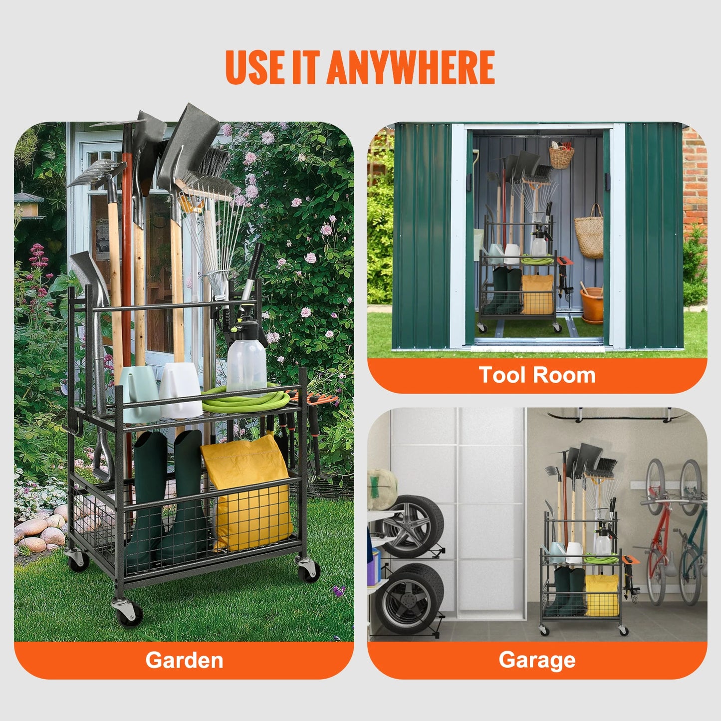 16 Slots Garden Tool Organizer Rack With Hooks And Wheels For Garage