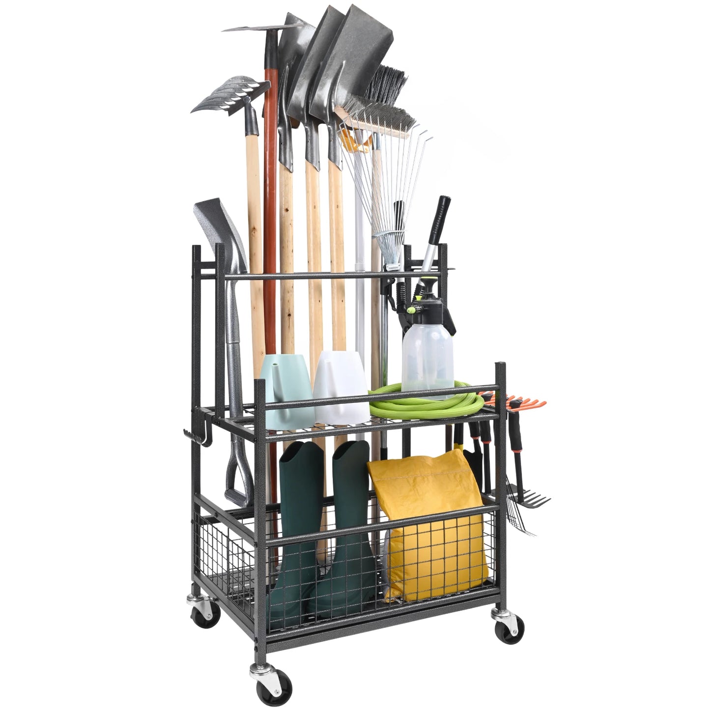 16 Slots Garden Tool Organizer Rack With Hooks And Wheels For Garage