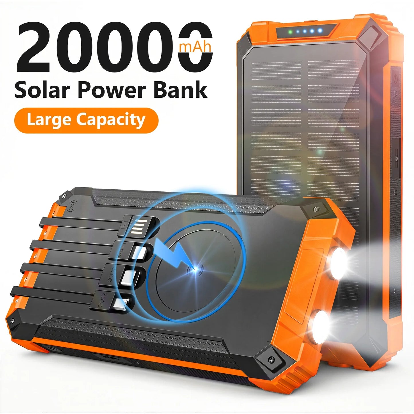 20000mAh Portable Solar Power Bank With Wireless Charging Led Lights