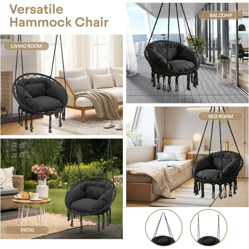 Hammock Swing Chair Cotton Cushions Macrame Rope Indoor Outdoor Furniture