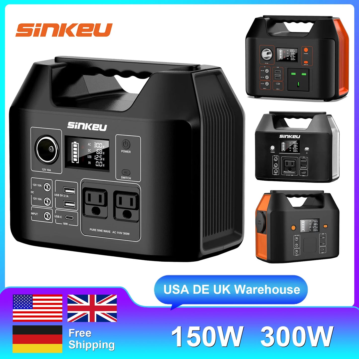 SinKeu Portable Solar Power Station 300W 110-230V LiFePO4 Battery