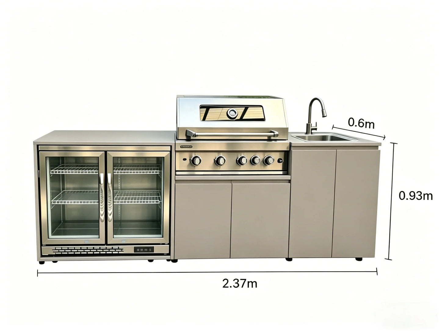 Stainless Steel Outdoor Kitchen With BBQ Grill And Refrigerator On Wheels