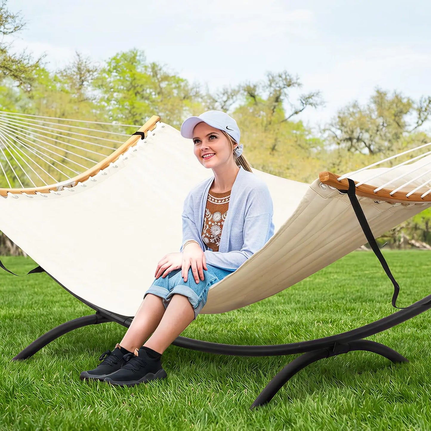 Outdoor Double Hammock With Stand Freestanding Frame 475 Lbs Capacity