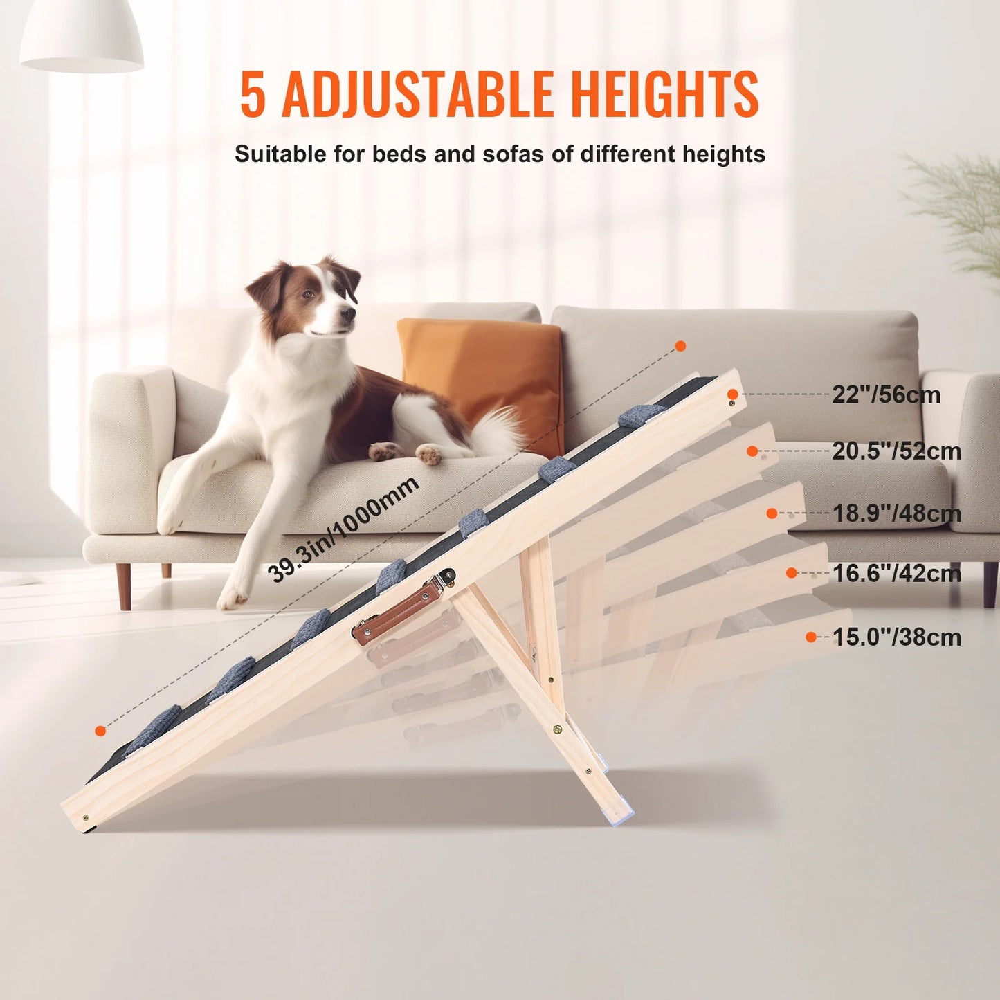 Give your small or aging dog confident access to sofas, beds, and cars with this folding wooden ramp.