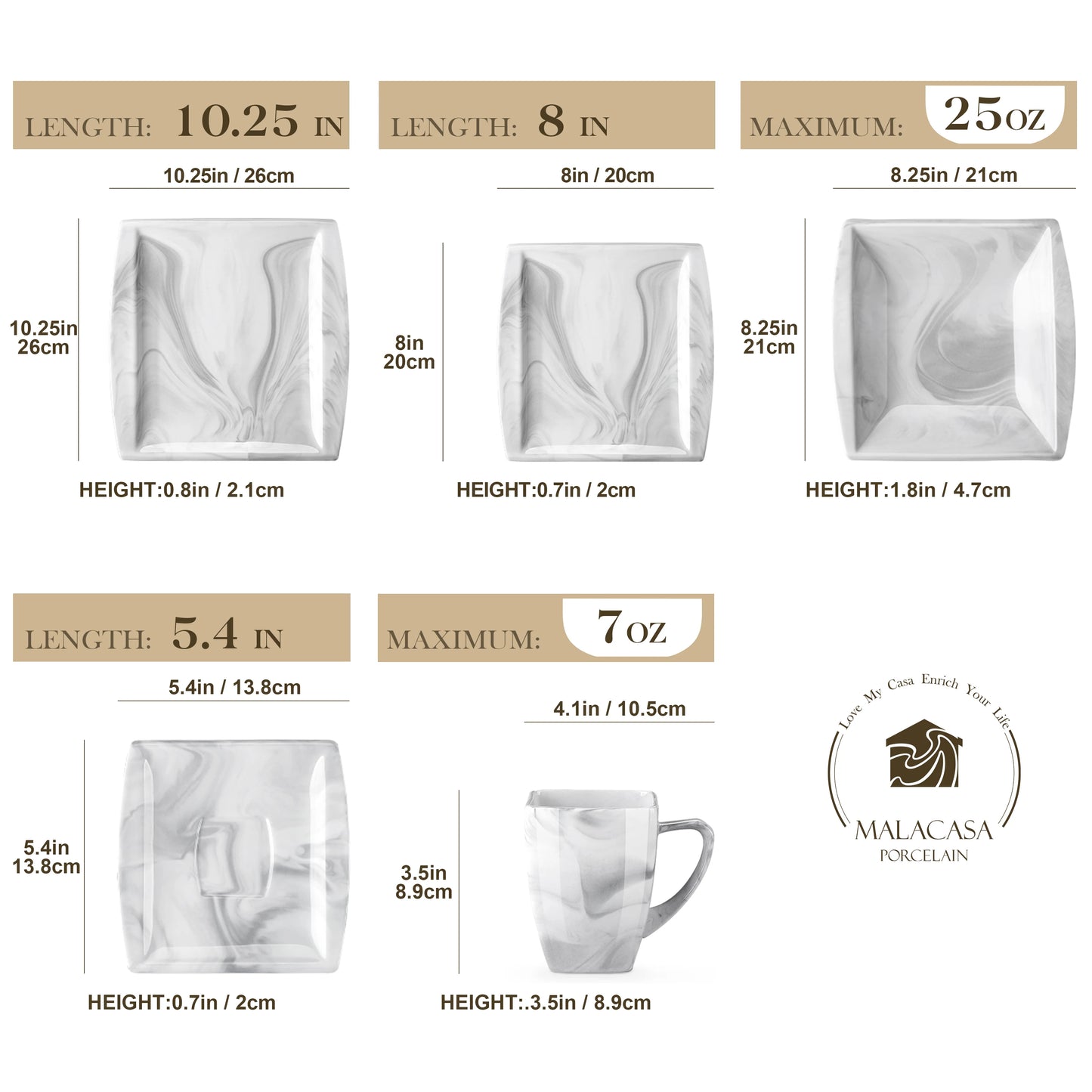 MALACASA Marble Porcelain Dinnerware Set Service for 12
