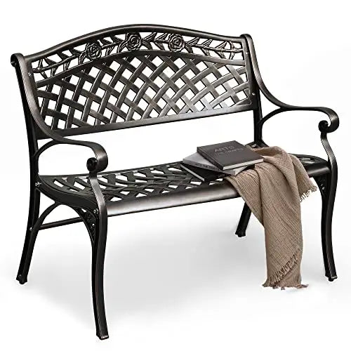 Elegant Cast Aluminum Outdoor Bench With Rose Motif Lattice Back And Armrests
