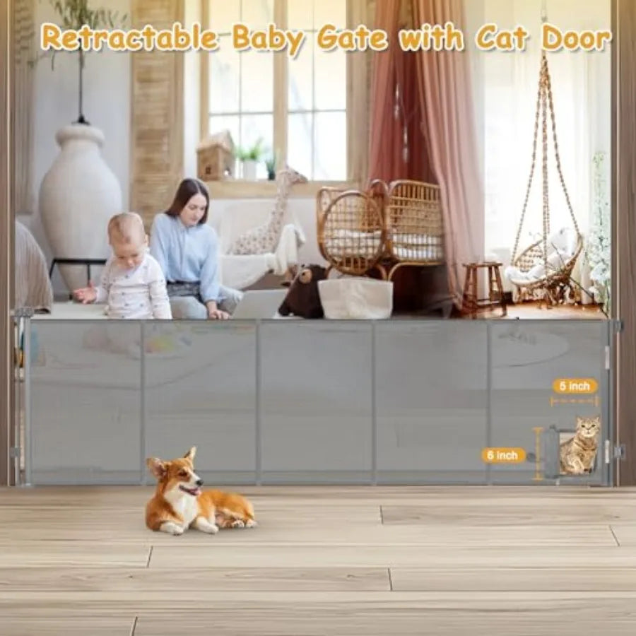 Reinforced Retractable Dog Gate With Cat Door For Large Openings