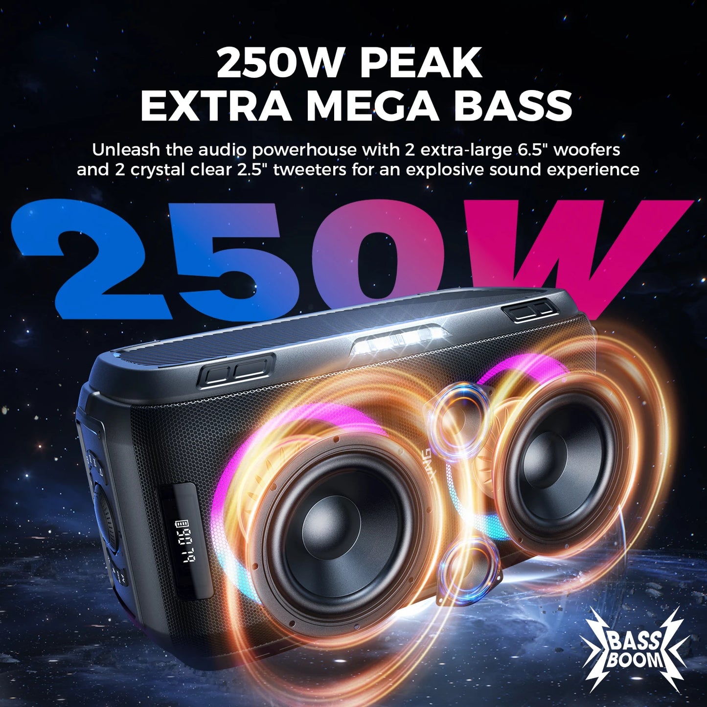 W-King 250W Bluetooth Speaker Loudest 120dB Boombox Portable