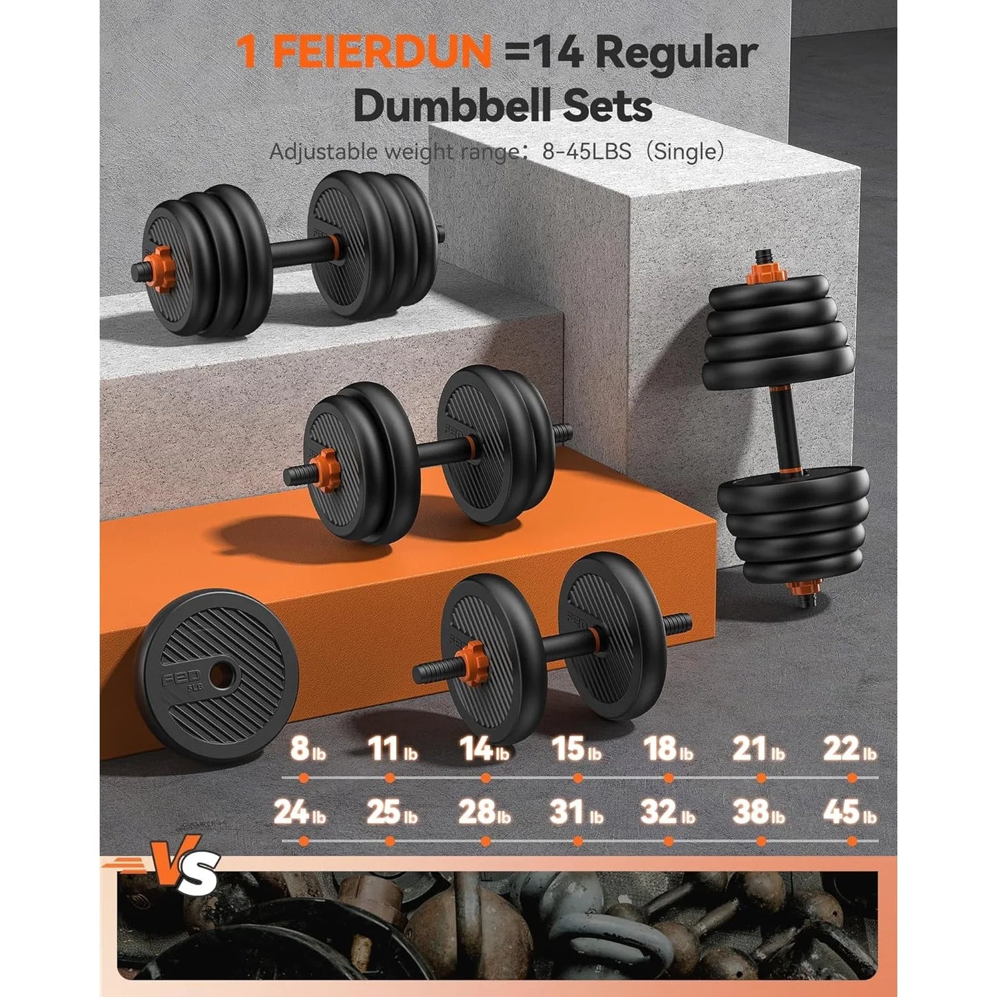 FEIERDUN Adjustable Dumbbells 70 Pound Five In One Free Weight Set Barbell Kettlebell Push Up Stand