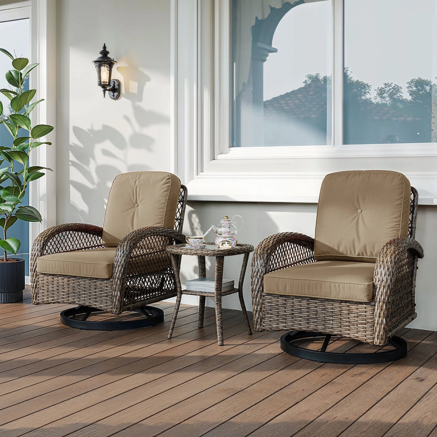 3 Piece Patio Furniture Set With Cushioned Bistro Chairs