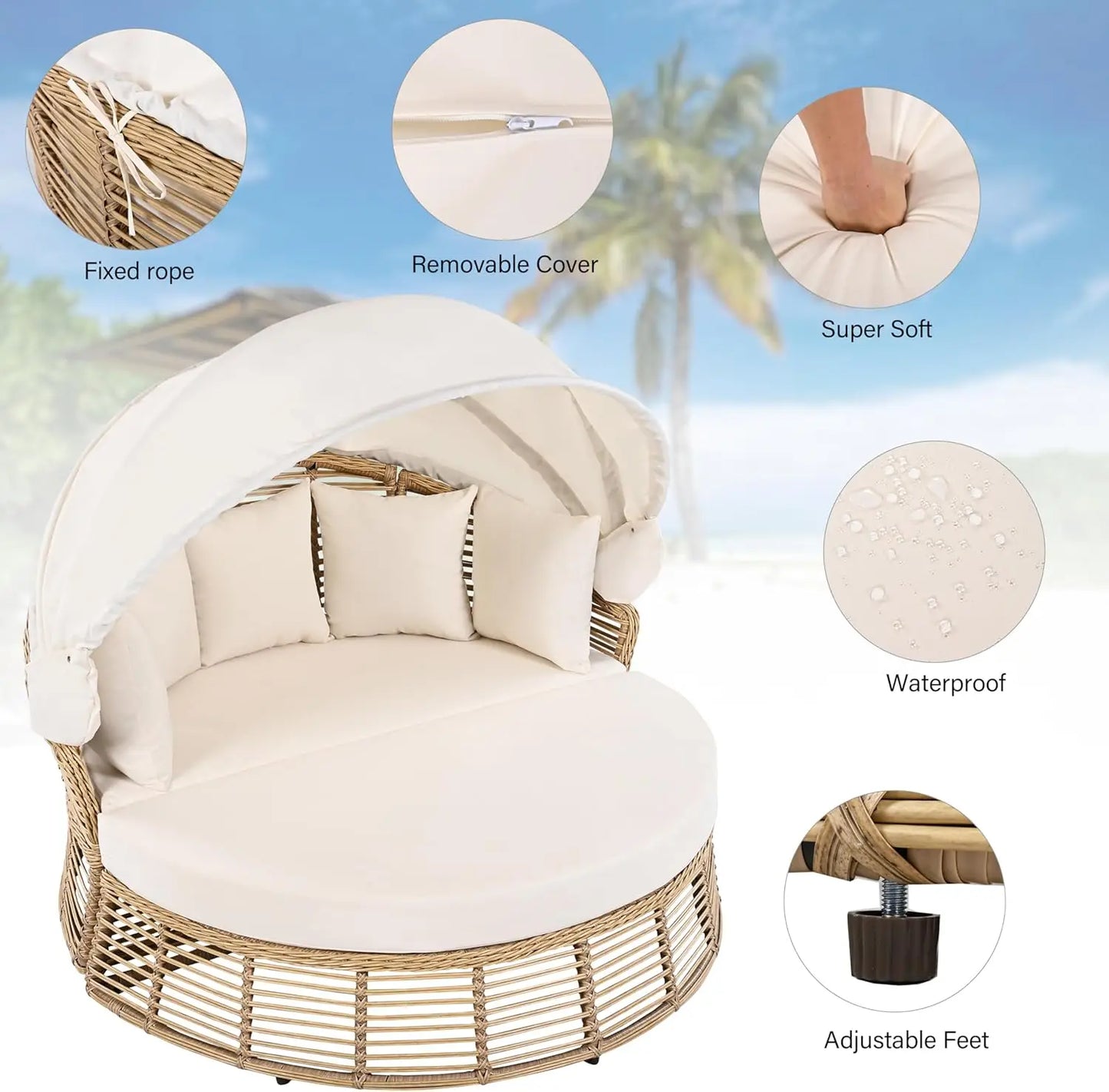 Outdoor Rattan Round Daybed With Retractable Canopy Wicker Furniture Poolside Sunbed With Removable Cushions