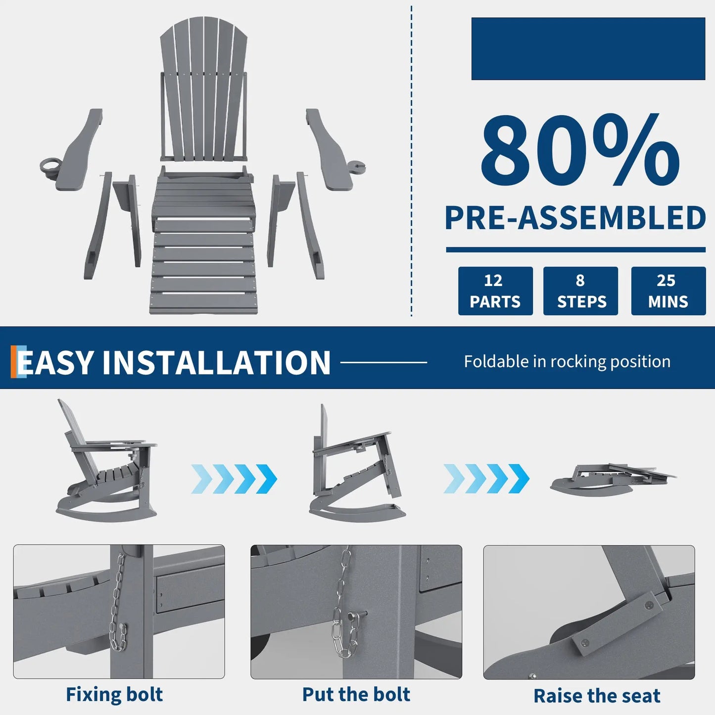 Studyset 4 In 1 Folding Adirondack Rocking Chair With Ottoman Cup Holder