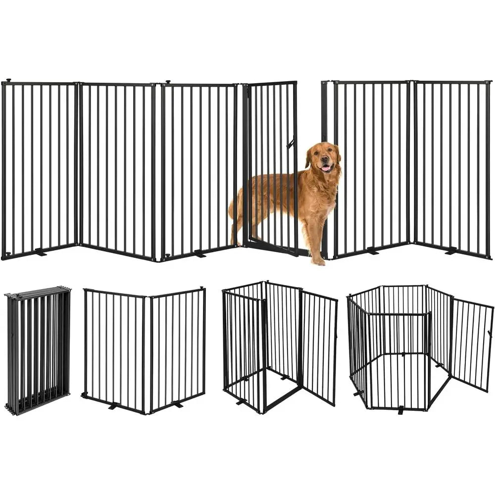 Six Panel Freestanding Metal Dog Gate With Door Indoor Outdoor