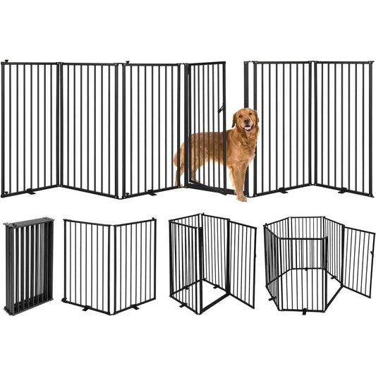 Six Panel Freestanding Metal Dog Gate With Door Indoor Outdoor