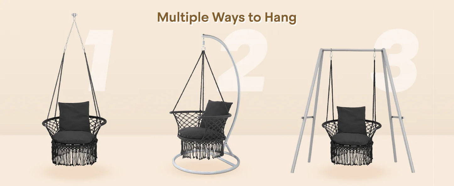 Hammock Swing Chair Cotton Cushions Macrame Rope Indoor Outdoor Furniture