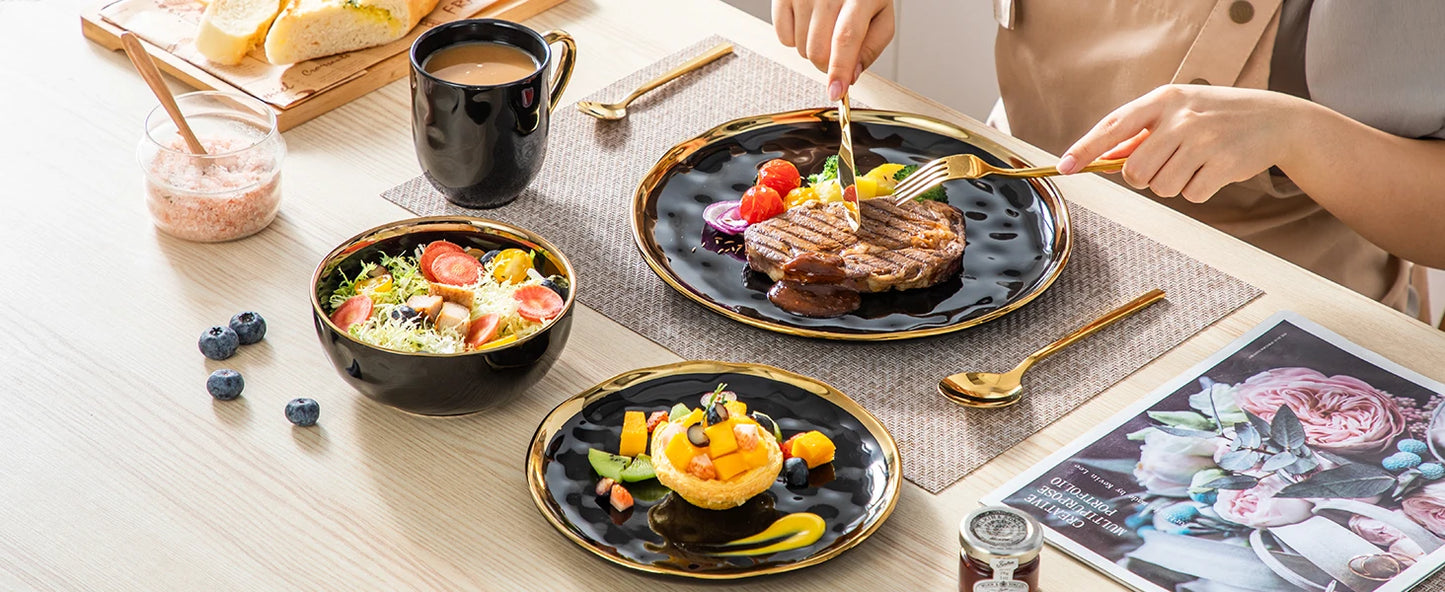 MALACASA Porcelain Dinnerware Set With Gold Trim Plates Cups Bowls
