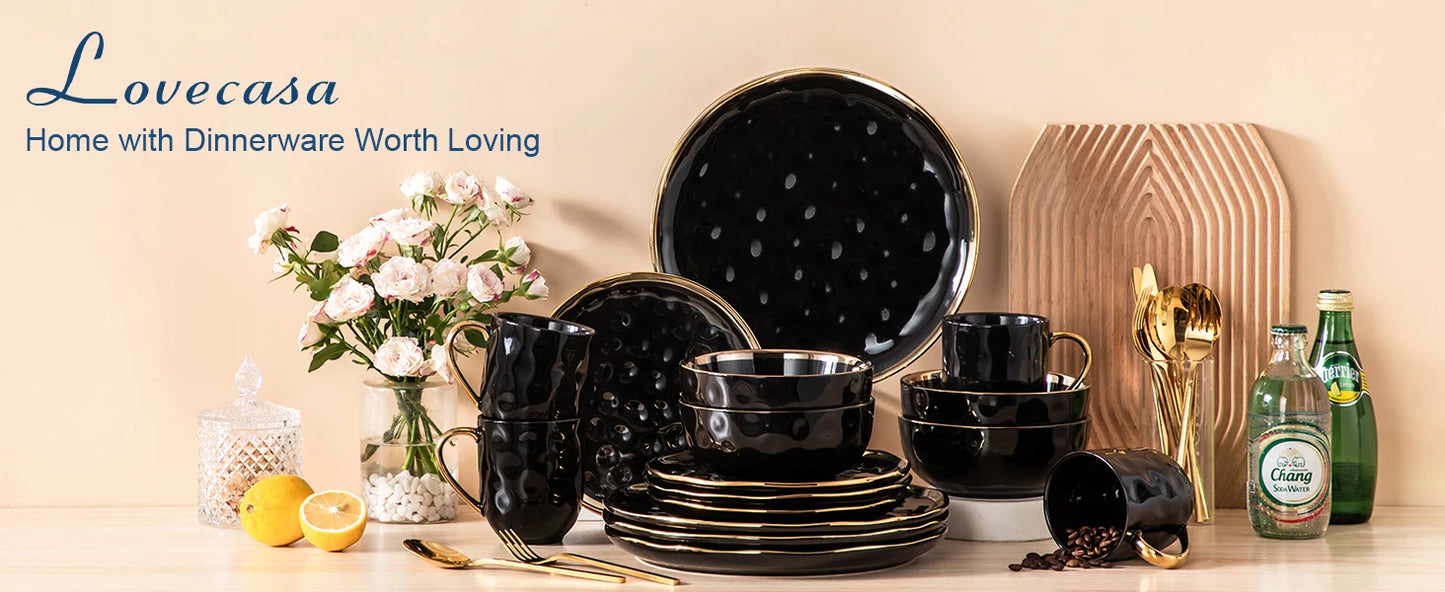MALACASA Porcelain Dinnerware Set With Gold Trim Plates Cups Bowls