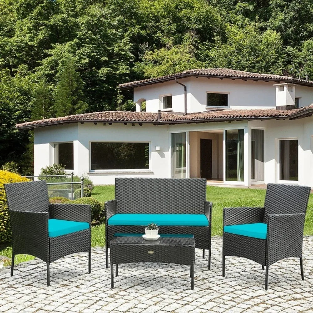 Patio Rattan Cushioned Sofa Set With Tempered Glass Coffee Table