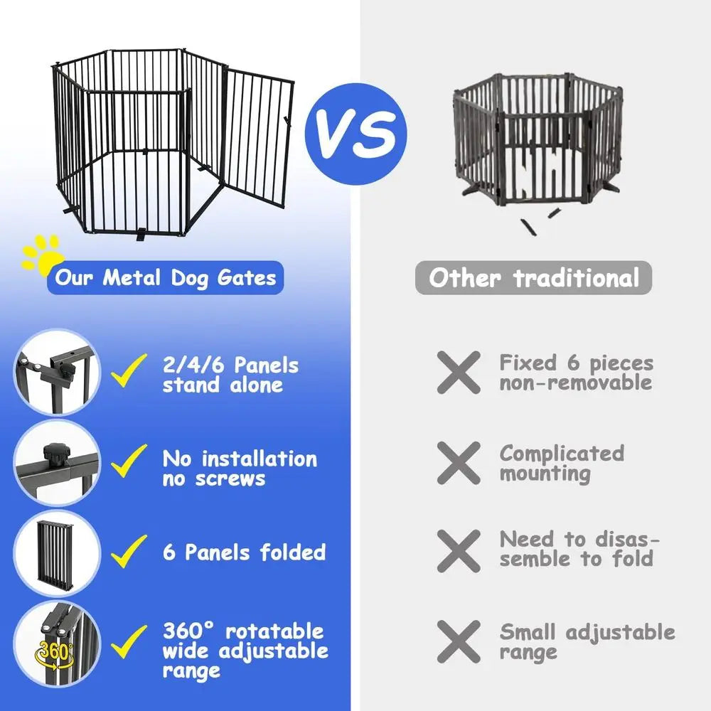 Six Panel Freestanding Metal Dog Gate With Door Indoor Outdoor