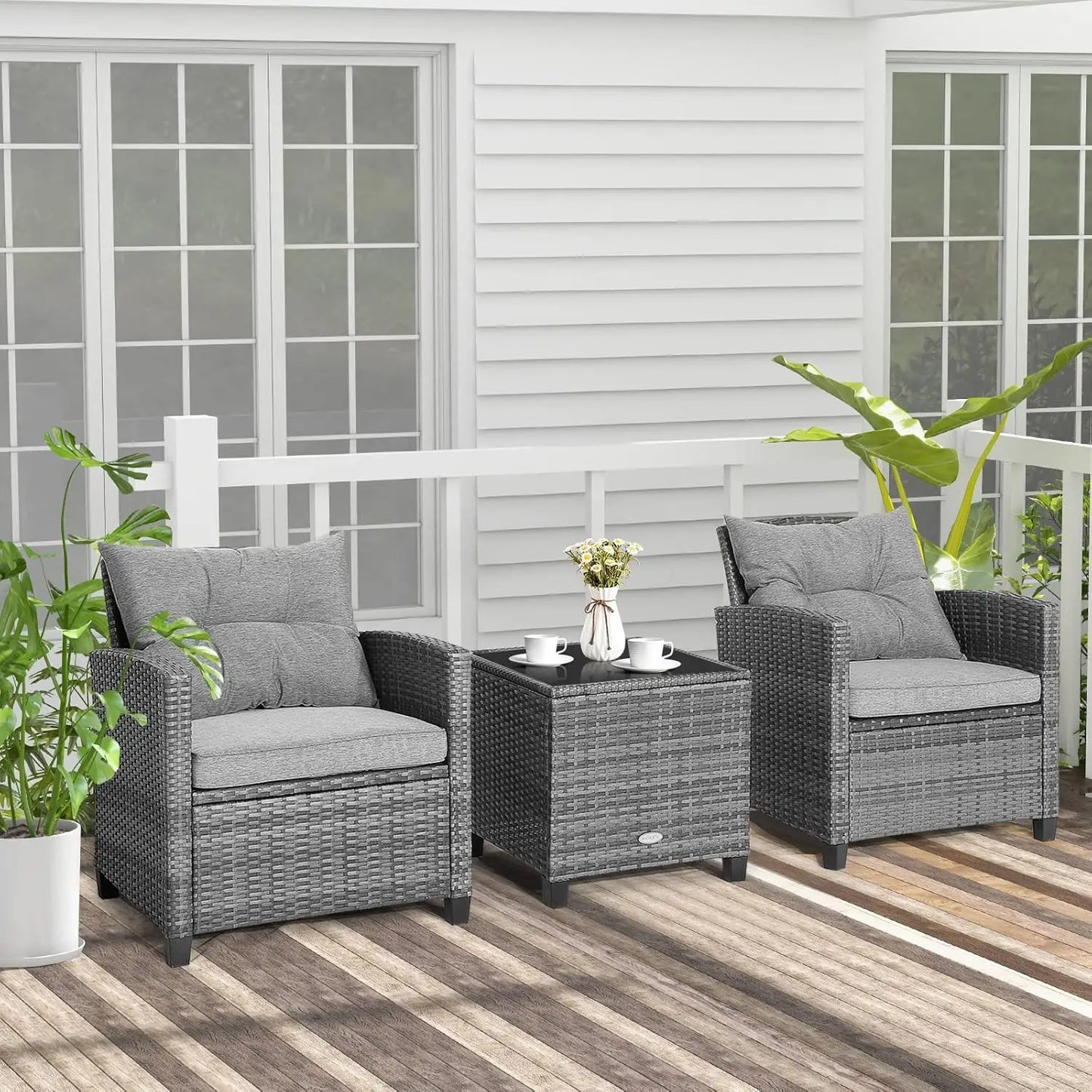 3 Piece Outdoor Patio Furniture Set With PE Rattan Chairs And Glass Table