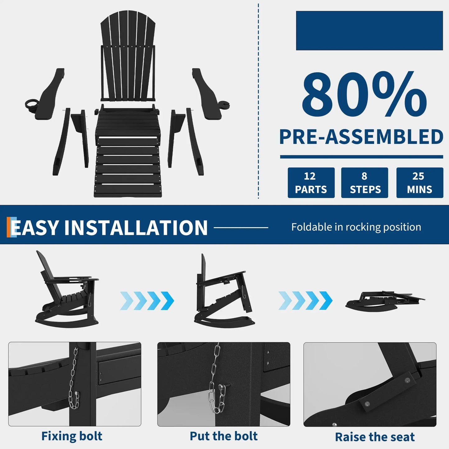 Studyset 4 In 1 Folding Adirondack Rocking Chair With Ottoman Cup Holder