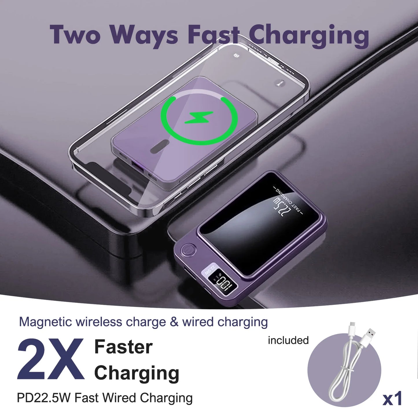 Wireless Power Bank 2-In-1 Magnetic 10000mAh Portable Charger 22.5W LED