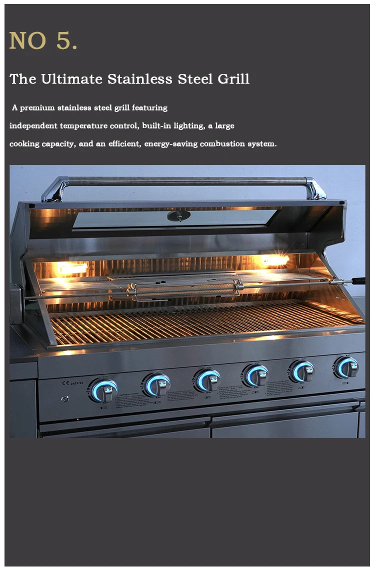 Stainless Steel Outdoor Kitchen With BBQ Grill And Refrigerator On Wheels