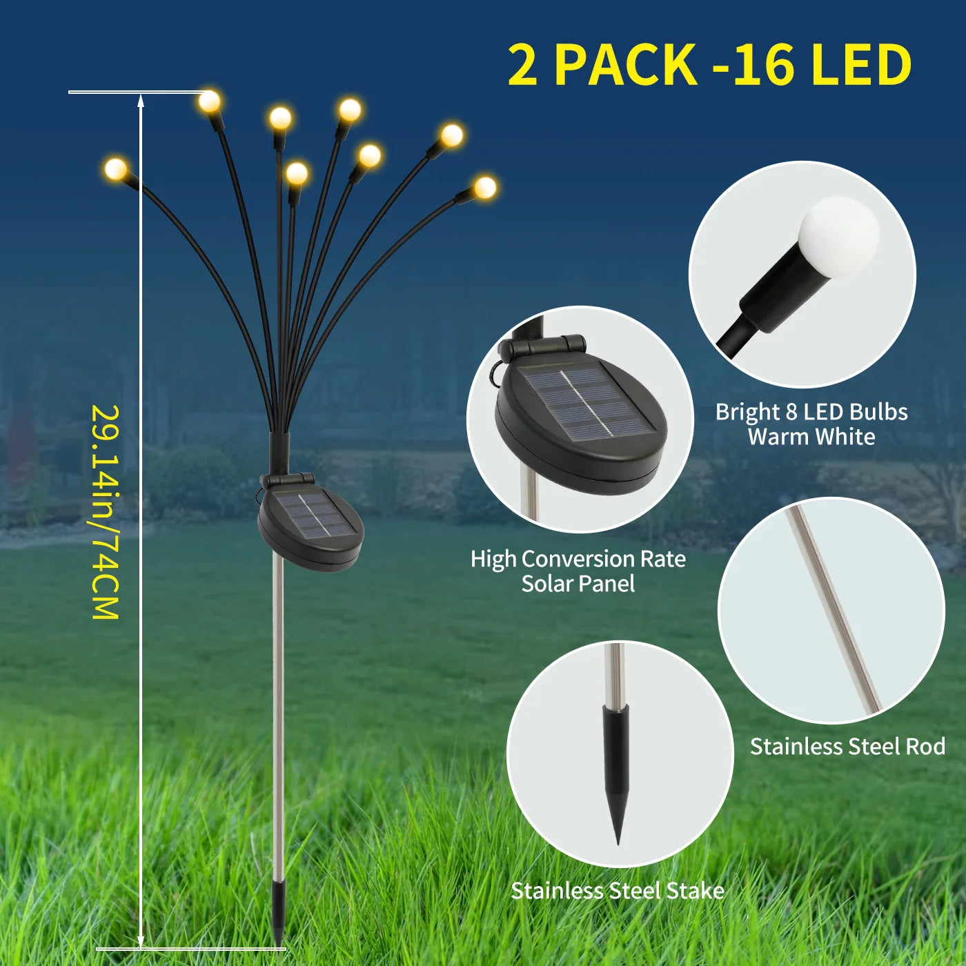 Turn your outdoor space into a magical firefly showcase with effortless solar glow. No wiring is needed; just place it in sun and you will enjoy a wind-swaying, warm-white glow from 8 heads, each featuring a subtle flicker that mimics real fireflies.