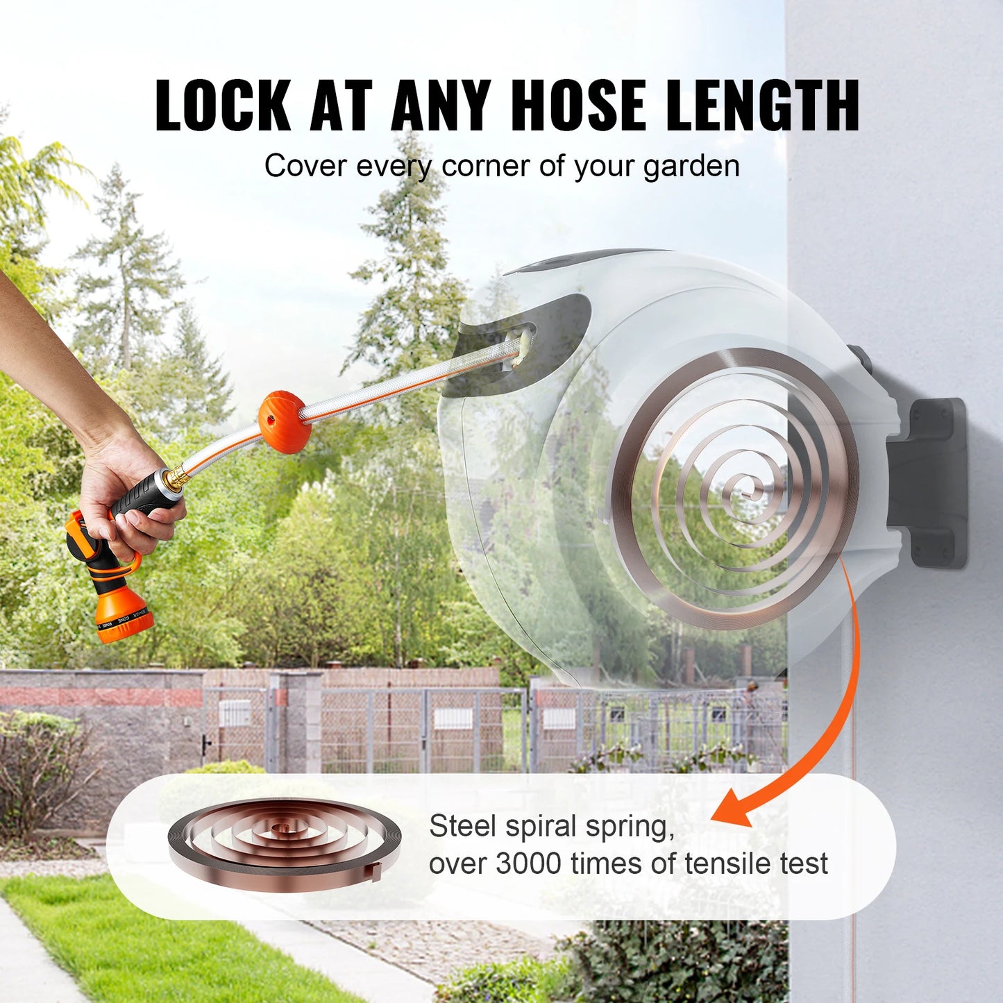SucceBuy Retractable Hose Reel With 180 Degree Swivel And 9 Pattern Nozzle