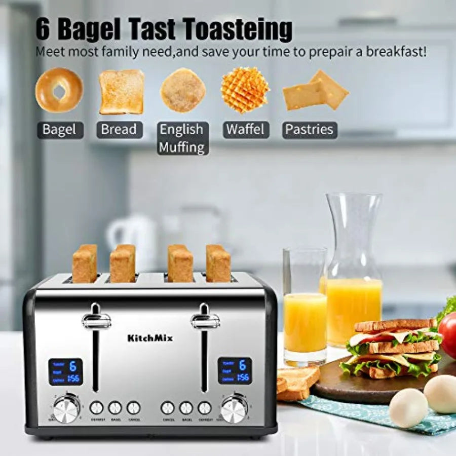 Stainless Steel Bagel Toaster With LCD Timer And Wide Slots