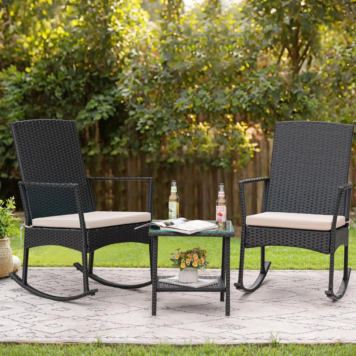 Flamaker Outdoor Rattan High Back Rocking Chair Patio Garden Furniture