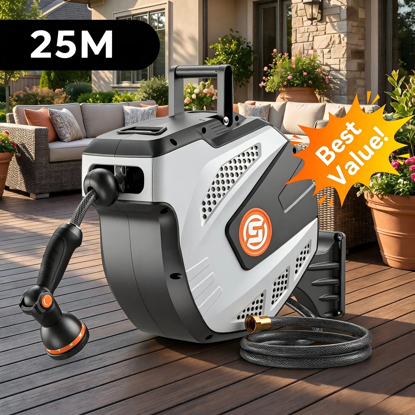 Self Retracting Garden Hose Reel With 10 Function Nozzle