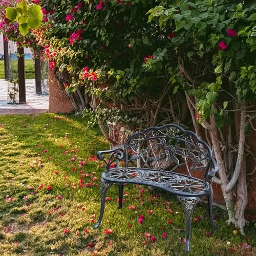 Elegant Cast Aluminum Outdoor Bench With Rose Vine Design