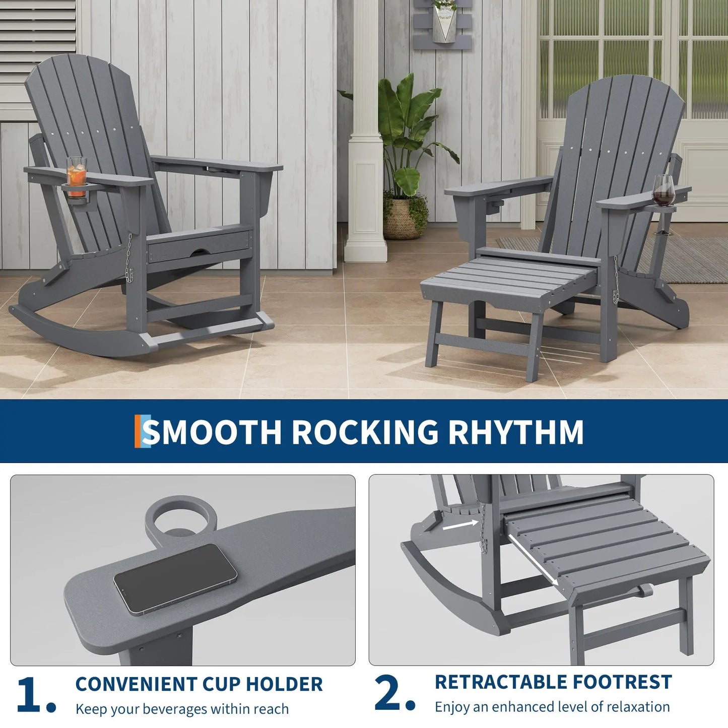 Studyset 4 In 1 Folding Adirondack Rocking Chair With Ottoman Cup Holder