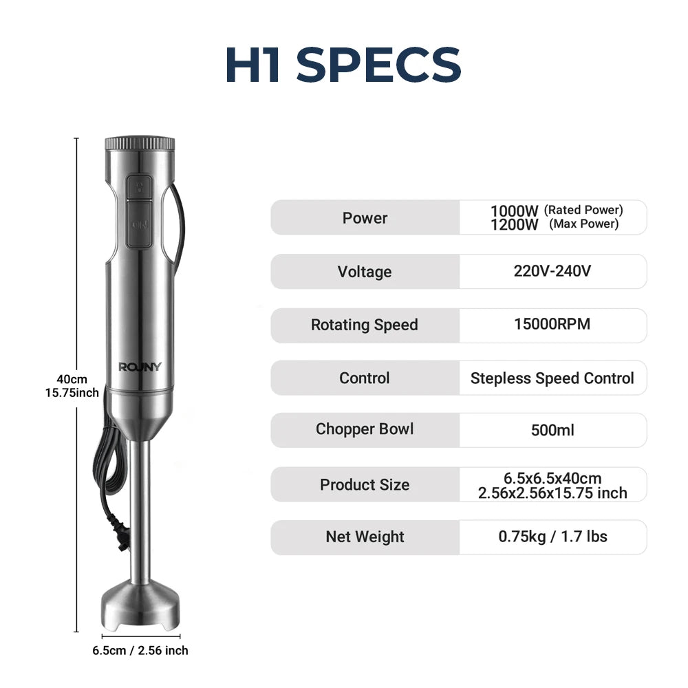 Rouny Hand Immersion Blender 1200W 4In1 Stainless Steel
