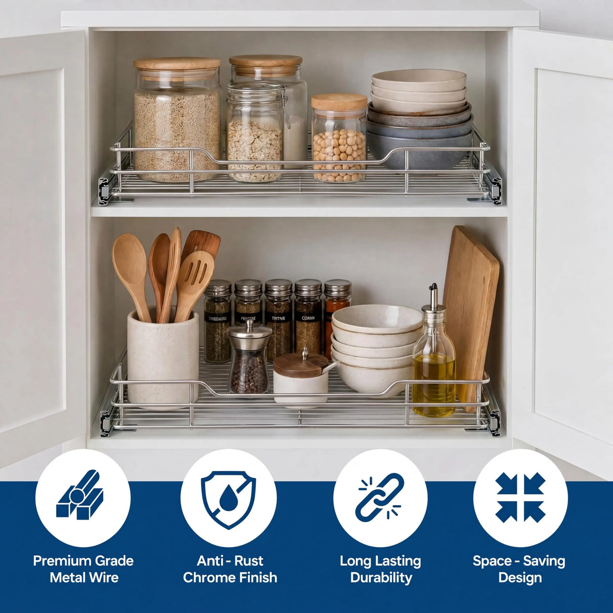 HiMISS Pull Out Cabinet Organizer Stainless Steel Kitchen Storage Shelf
