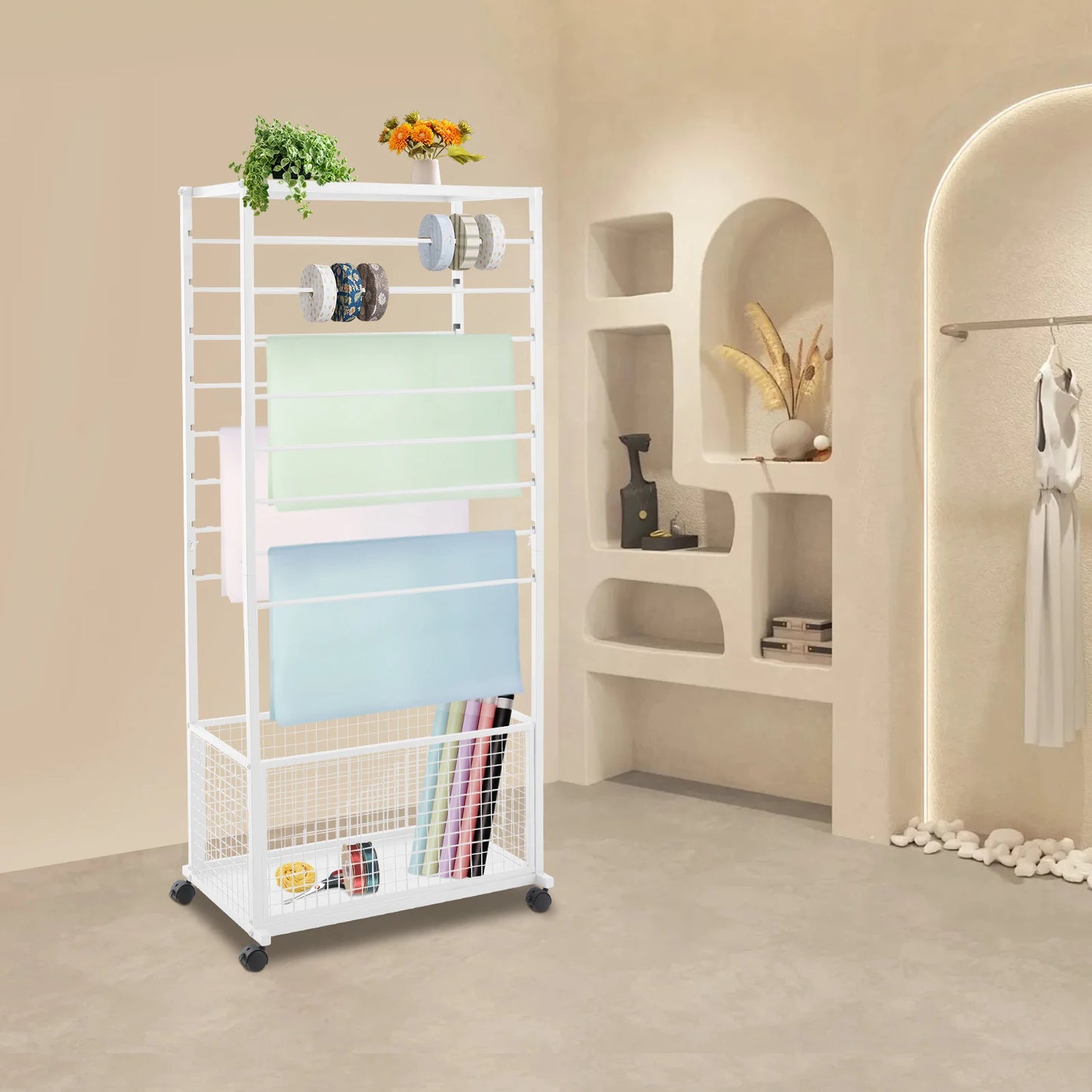 Ribbon Organizer Rack With Top Shelf And Storage Basket