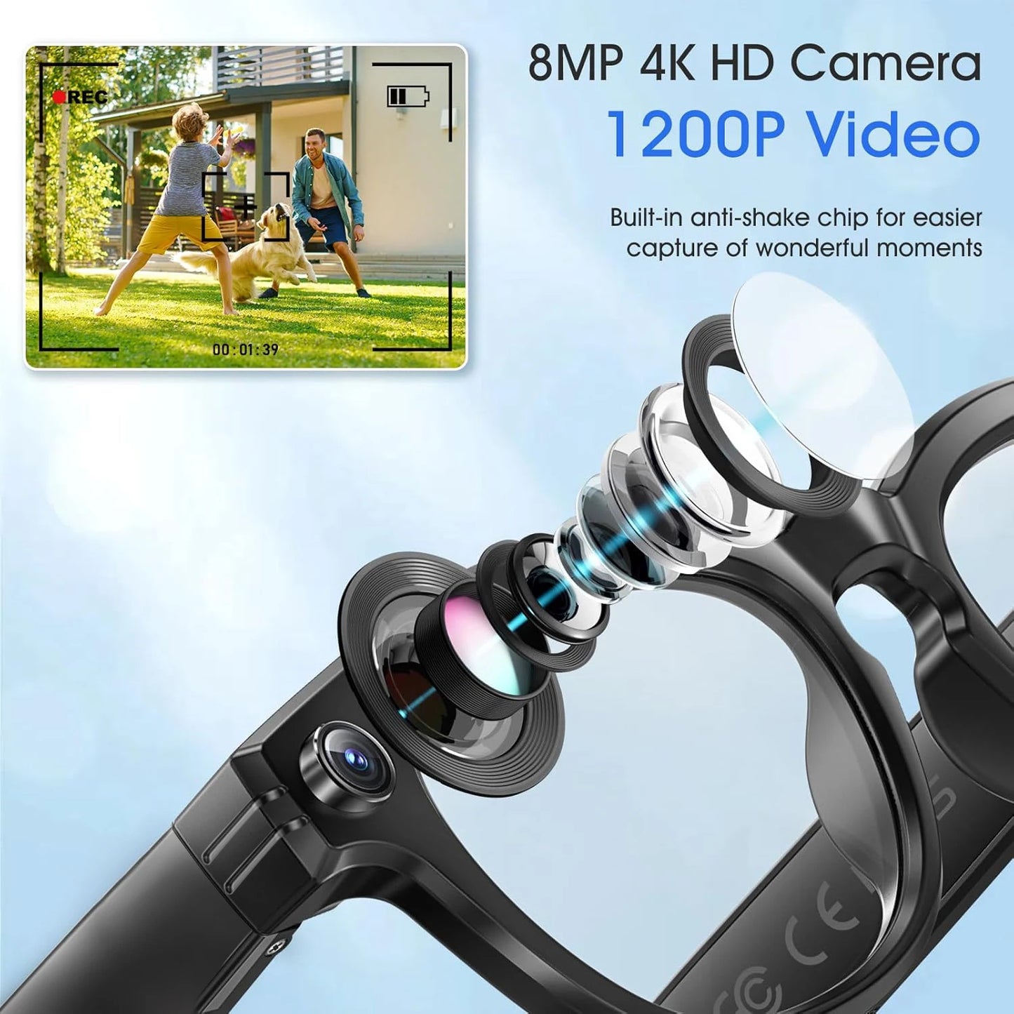 GUHUAVMI Camera AI Glasses With Translation, 720P Dual Cameras, Waterproof