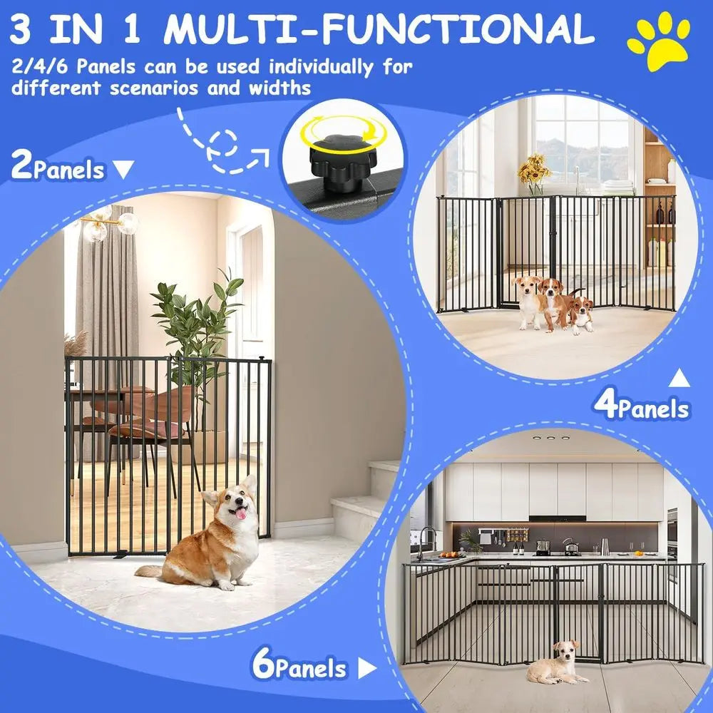 Six Panel Freestanding Metal Dog Gate With Door Indoor Outdoor
