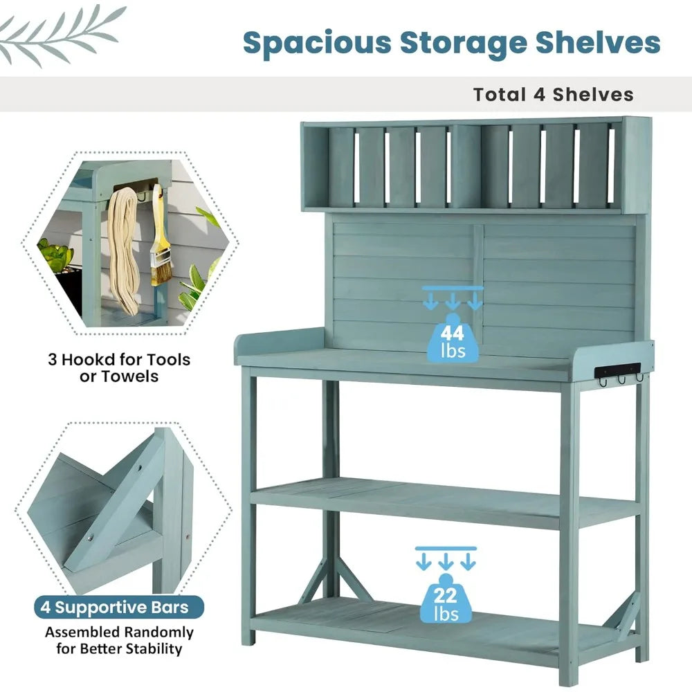 65 Inch Wooden Potting Bench Table With 4 Shelves Splash Plate And Side Hooks Rustic Outdoor Patio Garden Workstation