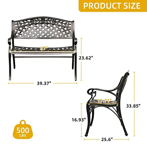Elegant Cast Aluminum Outdoor Bench With Rose Motif Lattice Back And Armrests