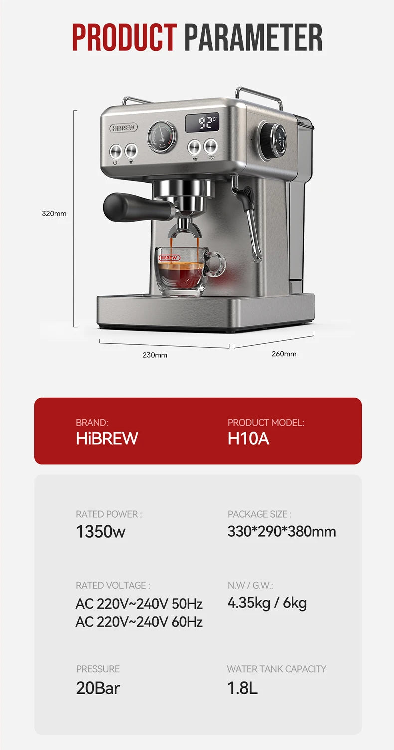 HiBREW 20 Bar Semi Automatic Espresso Machine With Portafilter
