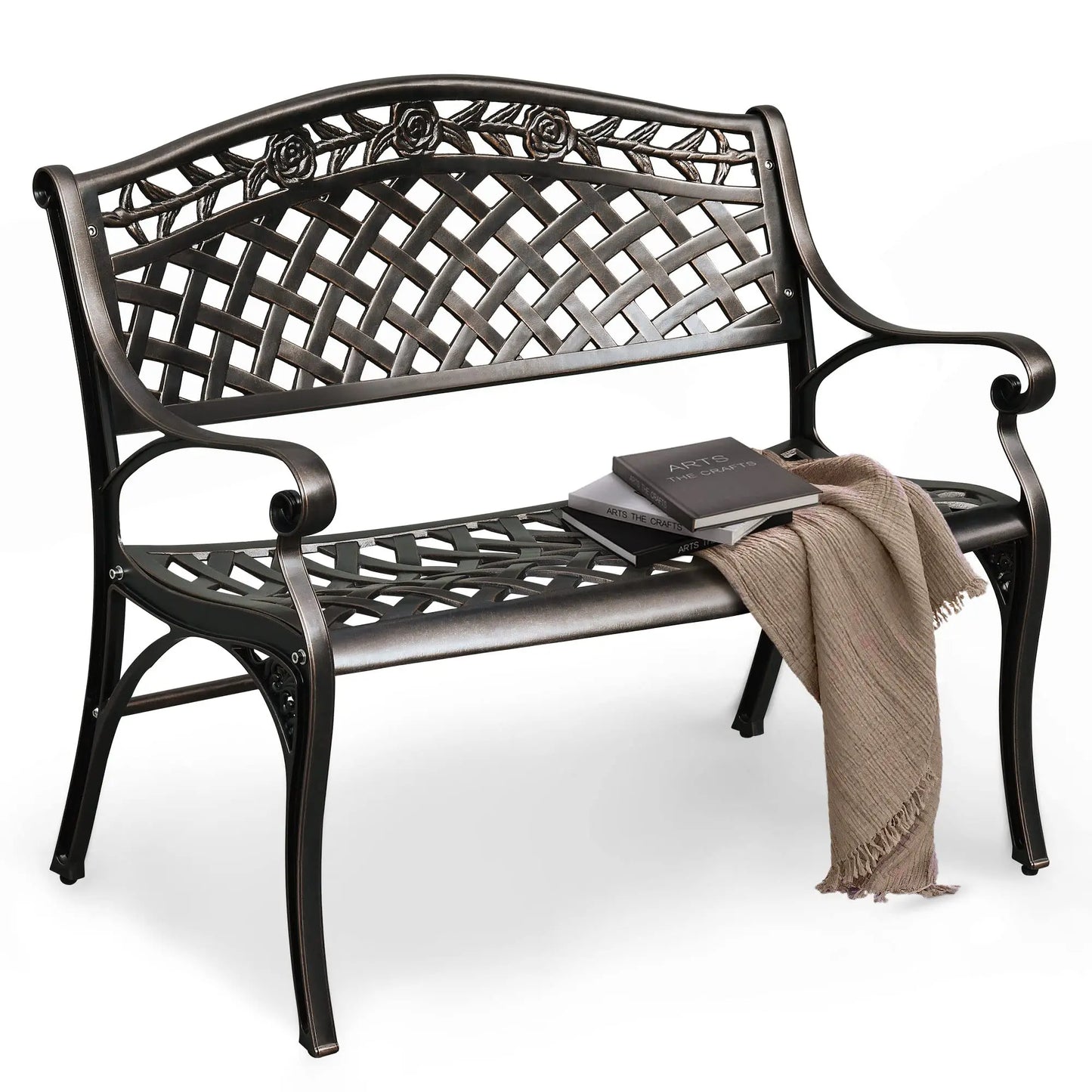 Elegant Cast Aluminum Outdoor Bench With Rose Motif Lattice Back And Armrests