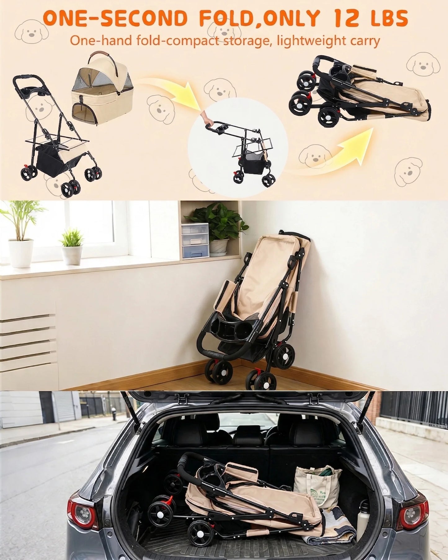 Cabusatly 2in1 Pet Stroller For Small Dogs Cats Foldable Carrier