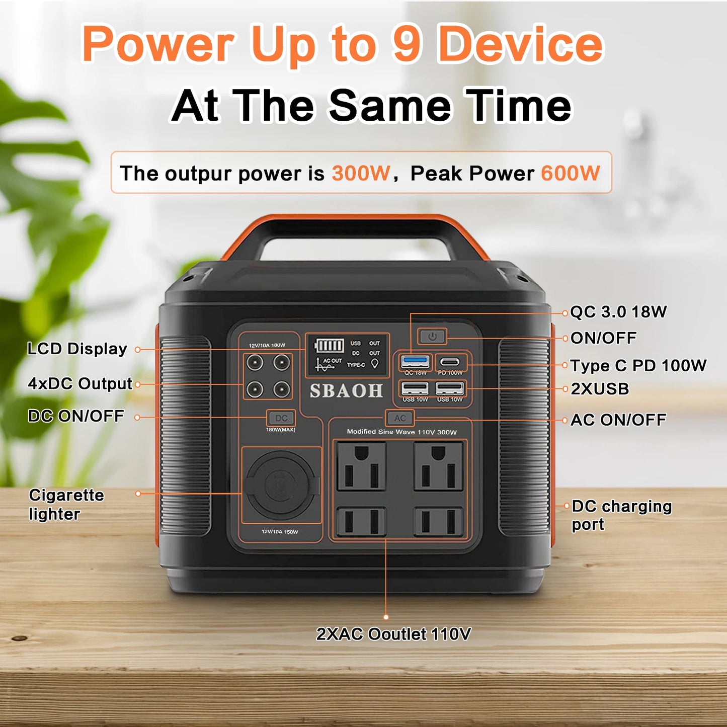 SBAOH Portable Power Station 300W 296Wh Solar Generator Quick Charge