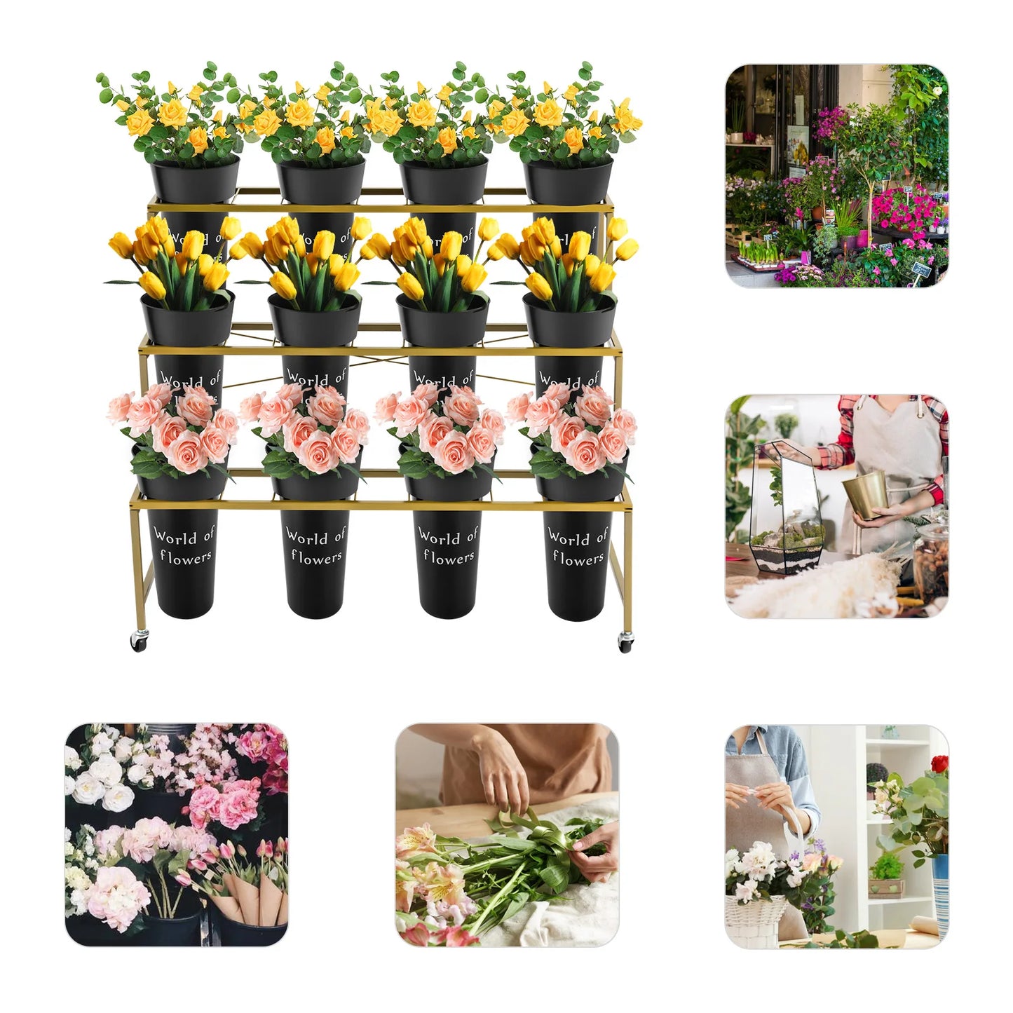 Three Tier Rolling Plant Stand With 12 Pots On Wheels Metal Garden Shelf For Balcony Patio