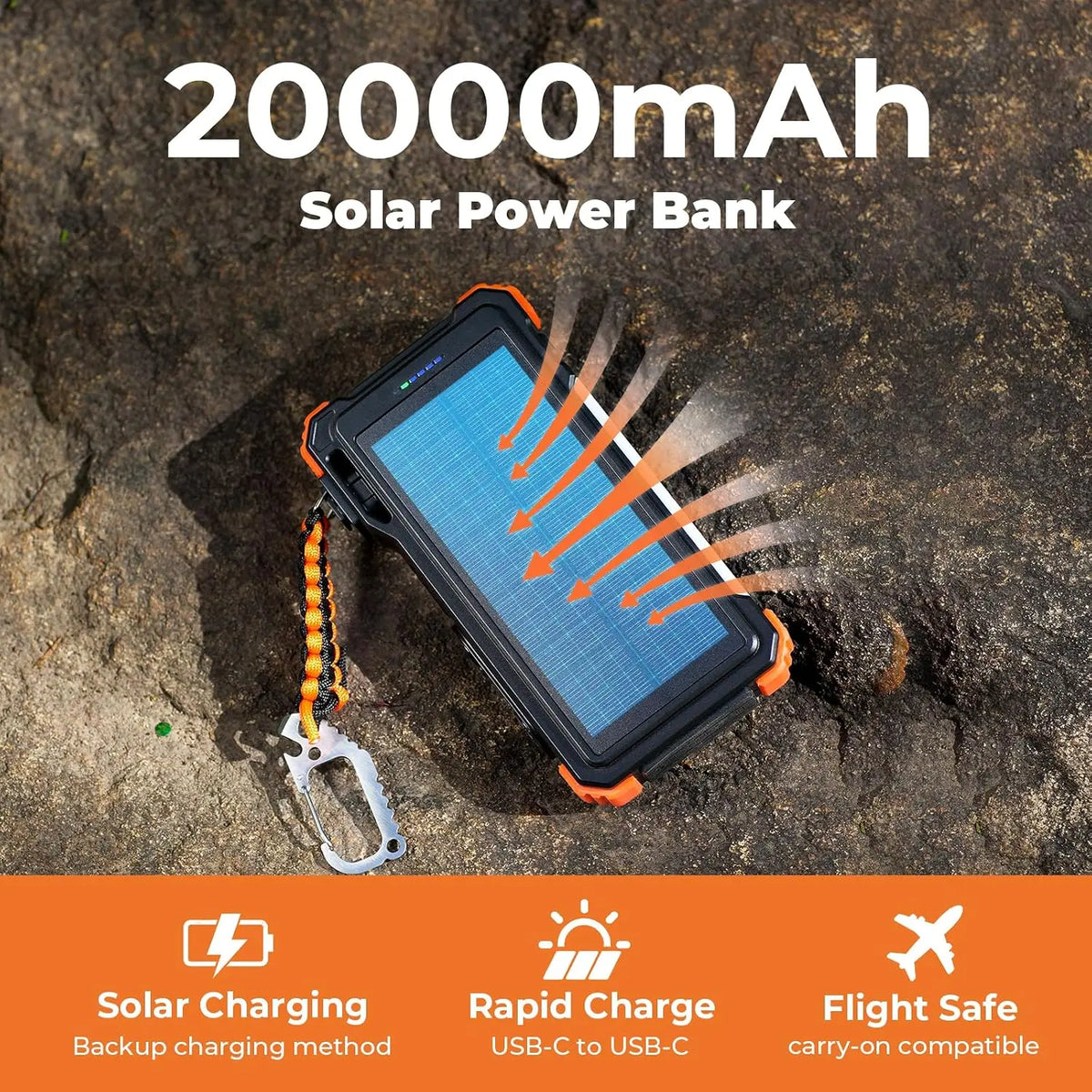 Solar Power Bank 20000mAh Built In Cables Wireless Charger