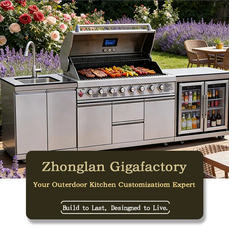 Stainless Steel Outdoor Kitchen With BBQ Grill And Refrigerator On Wheels