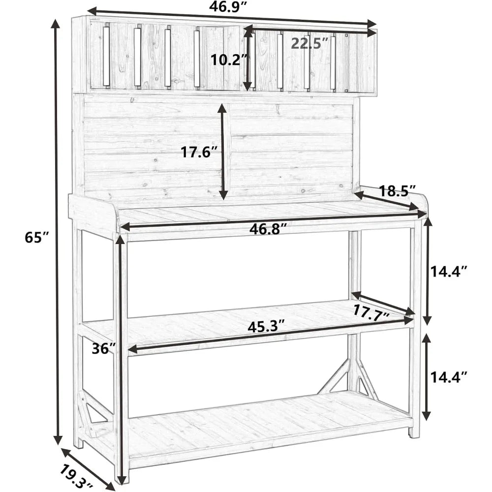 65 Inch Wooden Potting Bench Table With 4 Shelves Splash Plate And Side Hooks Rustic Outdoor Patio Garden Workstation